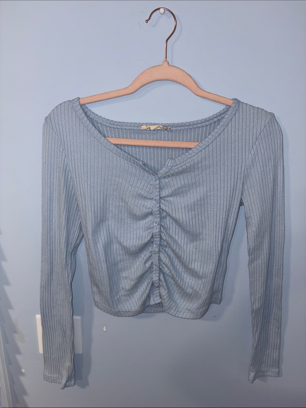 Light Blue PINK REPUBLIC Ribbed Ruched Long-Sleeve Top